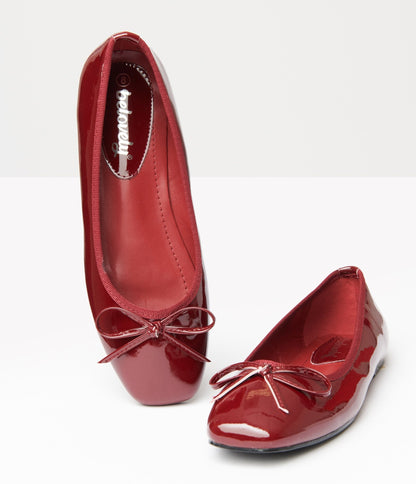 1960s Burgundy Patent Leatherette Flats - Unique Vintage - Womens, SHOES, FLATS