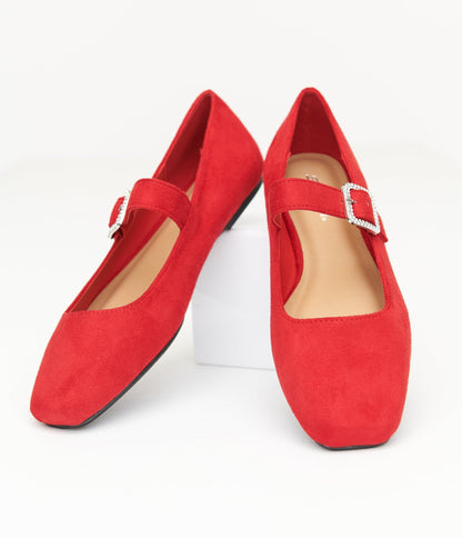 1960s Red Suede Rhinestone Buckle Mary Jane Flats - Unique Vintage - Womens, SHOES, FLATS