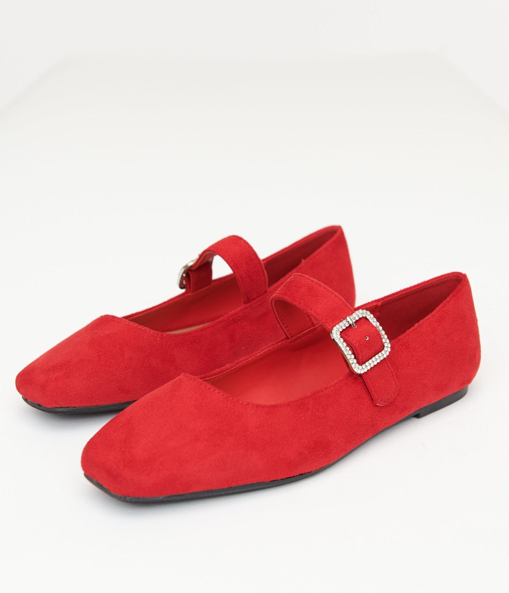 1960s Red Suede Rhinestone Buckle Mary Jane Flats - Unique Vintage - Womens, SHOES, FLATS