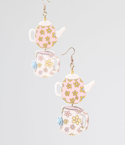 1960s Spot Of Tea Flower Teapot & Teacup Earrings - Unique Vintage - Womens, ACCESSORIES, JEWELRY