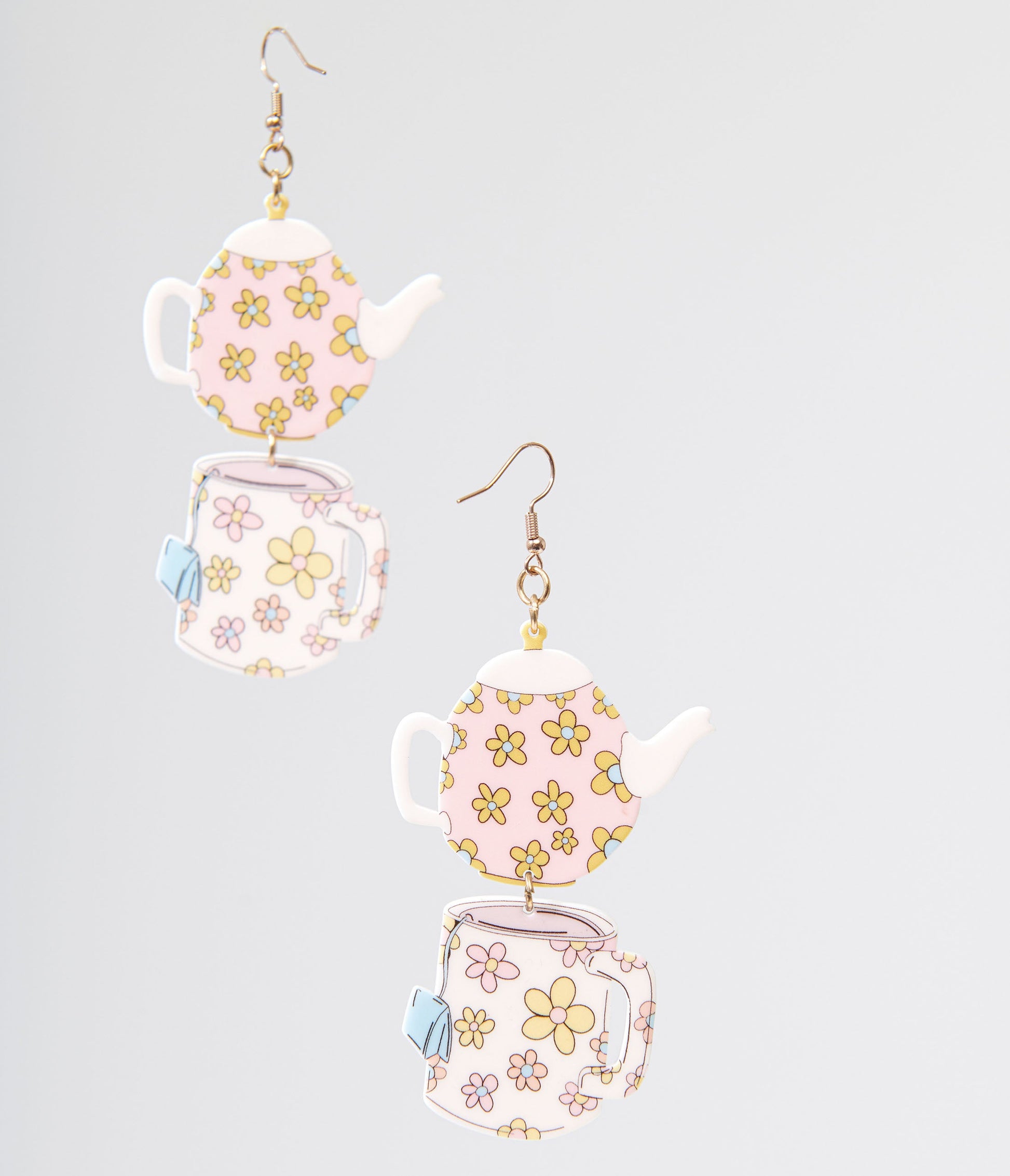 1960s Spot Of Tea Flower Teapot & Teacup Earrings - Unique Vintage - Womens, ACCESSORIES, JEWELRY