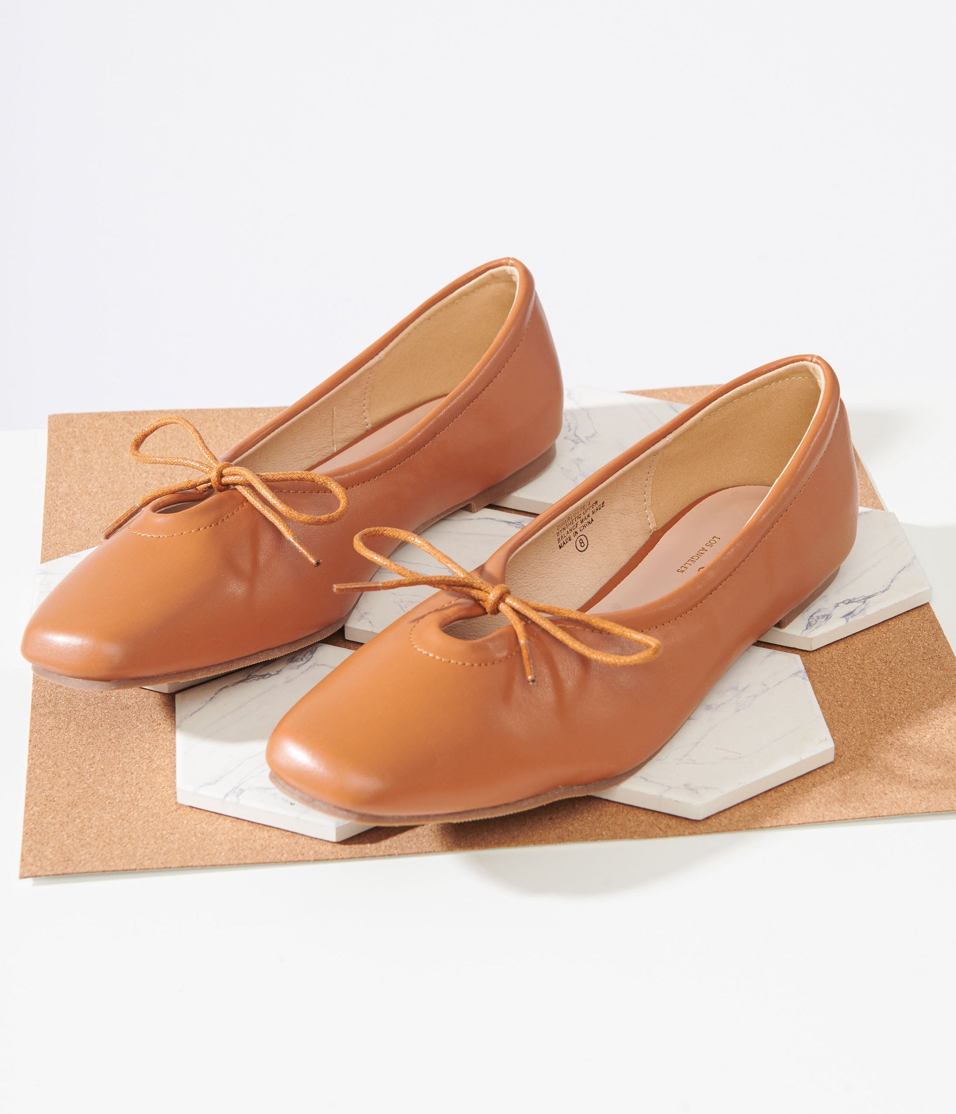 1960s Tan Leatherette Bow Ballet Flats - Unique Vintage - Womens, SHOES, FLATS