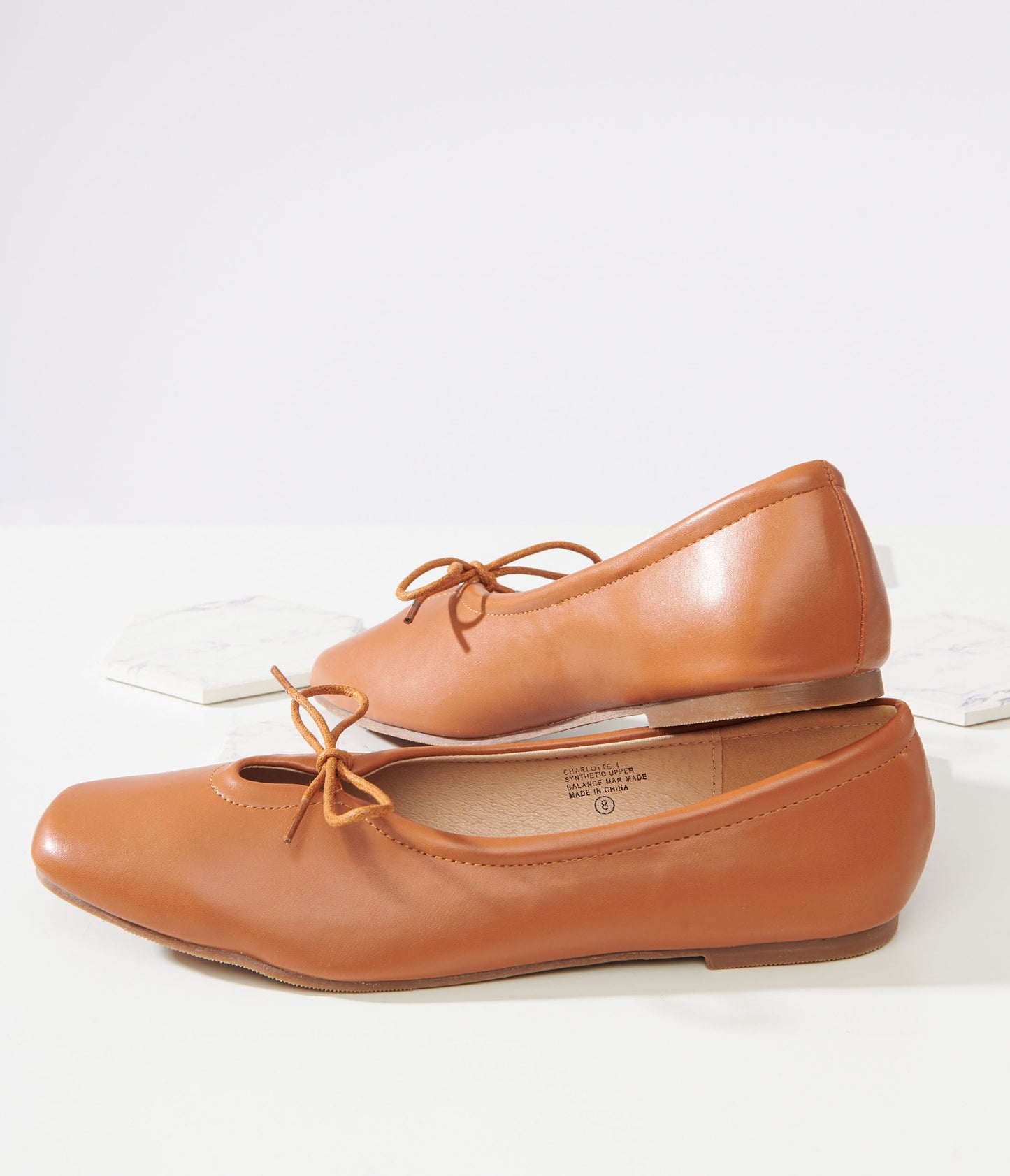 1960s Tan Leatherette Bow Ballet Flats - Unique Vintage - Womens, SHOES, FLATS