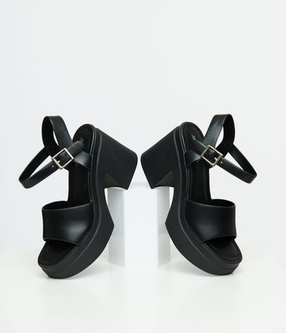 1970s Black Leatherette Chunky Platform Heels - Unique Vintage - Womens, SHOES, SANDALS