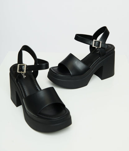 1970s Black Leatherette Chunky Platform Heels - Unique Vintage - Womens, SHOES, SANDALS