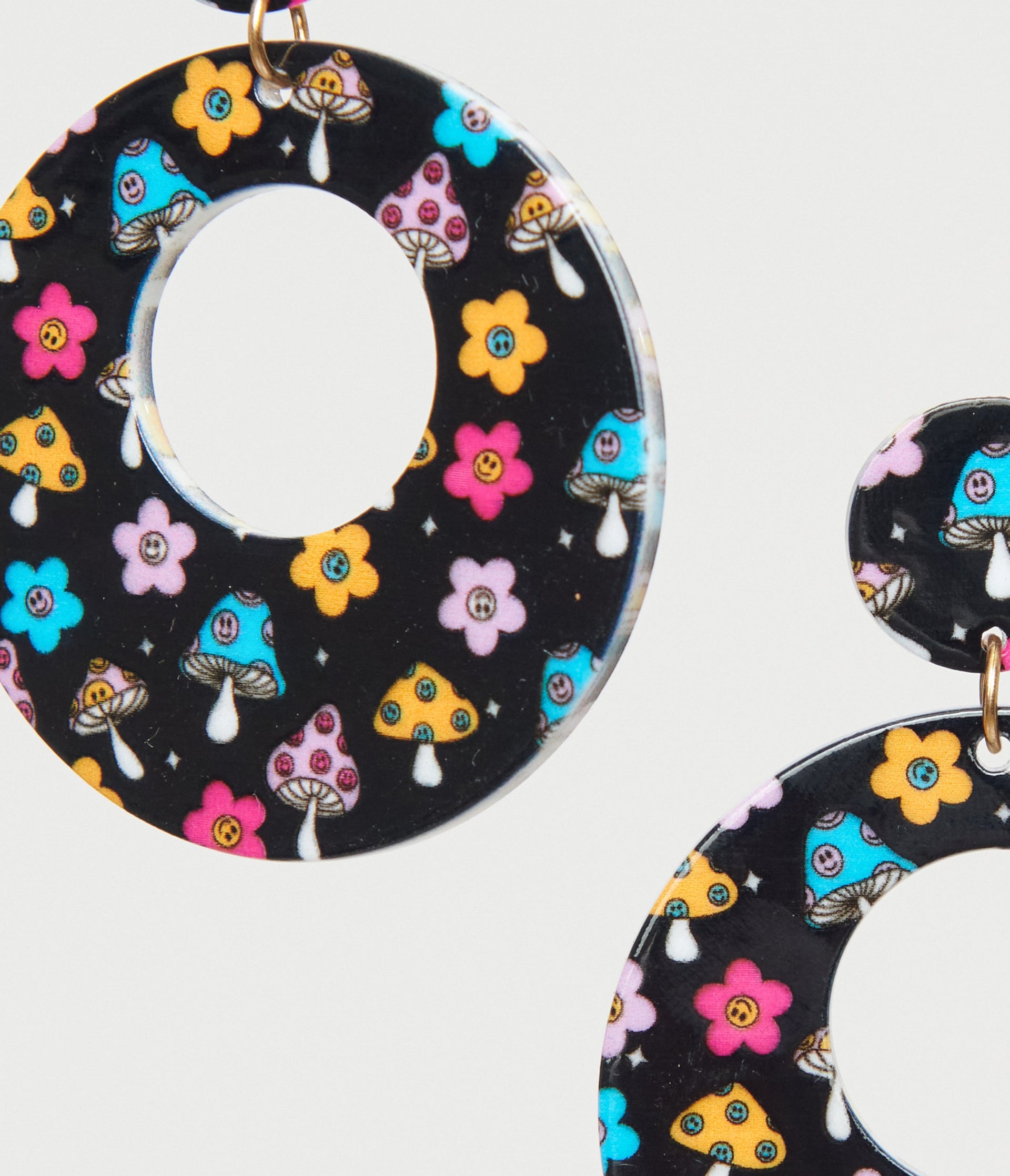 1970s Black Mushroom & Floral Print Hoop Earrings - Unique Vintage - Womens, ACCESSORIES, JEWELRY