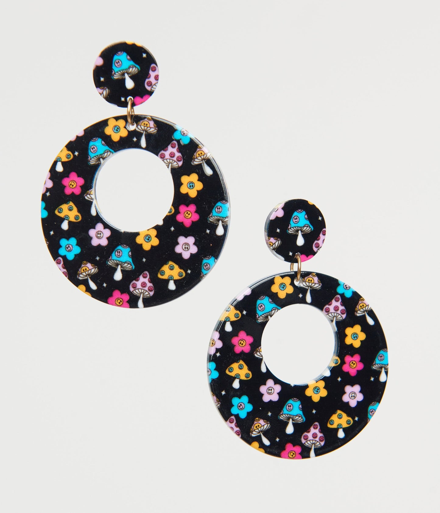 1970s Black Mushroom & Floral Print Hoop Earrings - Unique Vintage - Womens, ACCESSORIES, JEWELRY