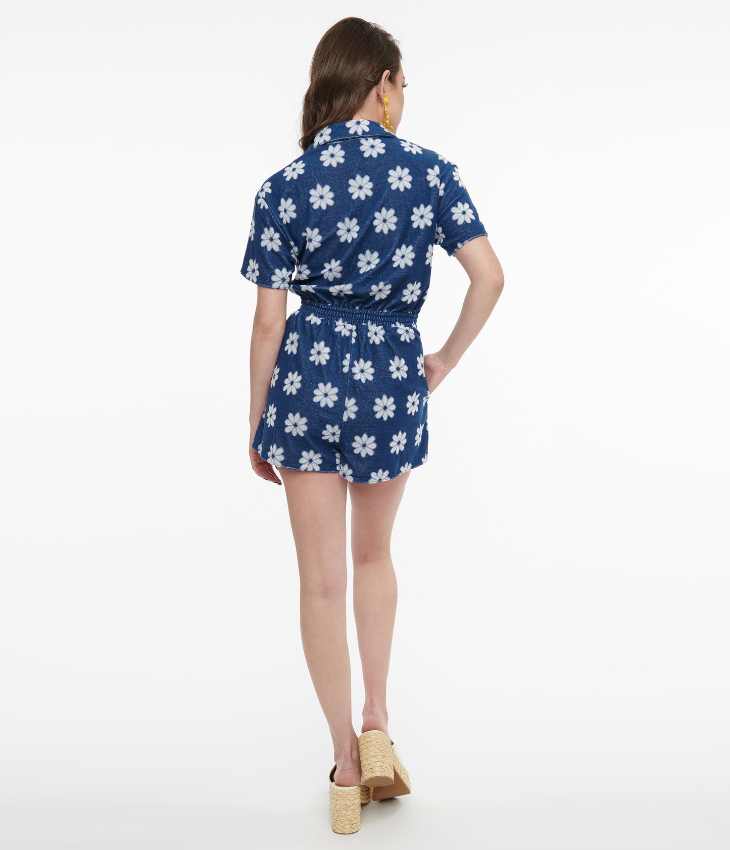 1970s Blue & White Daisy Flower Print Romper - Unique Vintage - Womens, BOTTOMS, ROMPERS AND JUMPSUITS