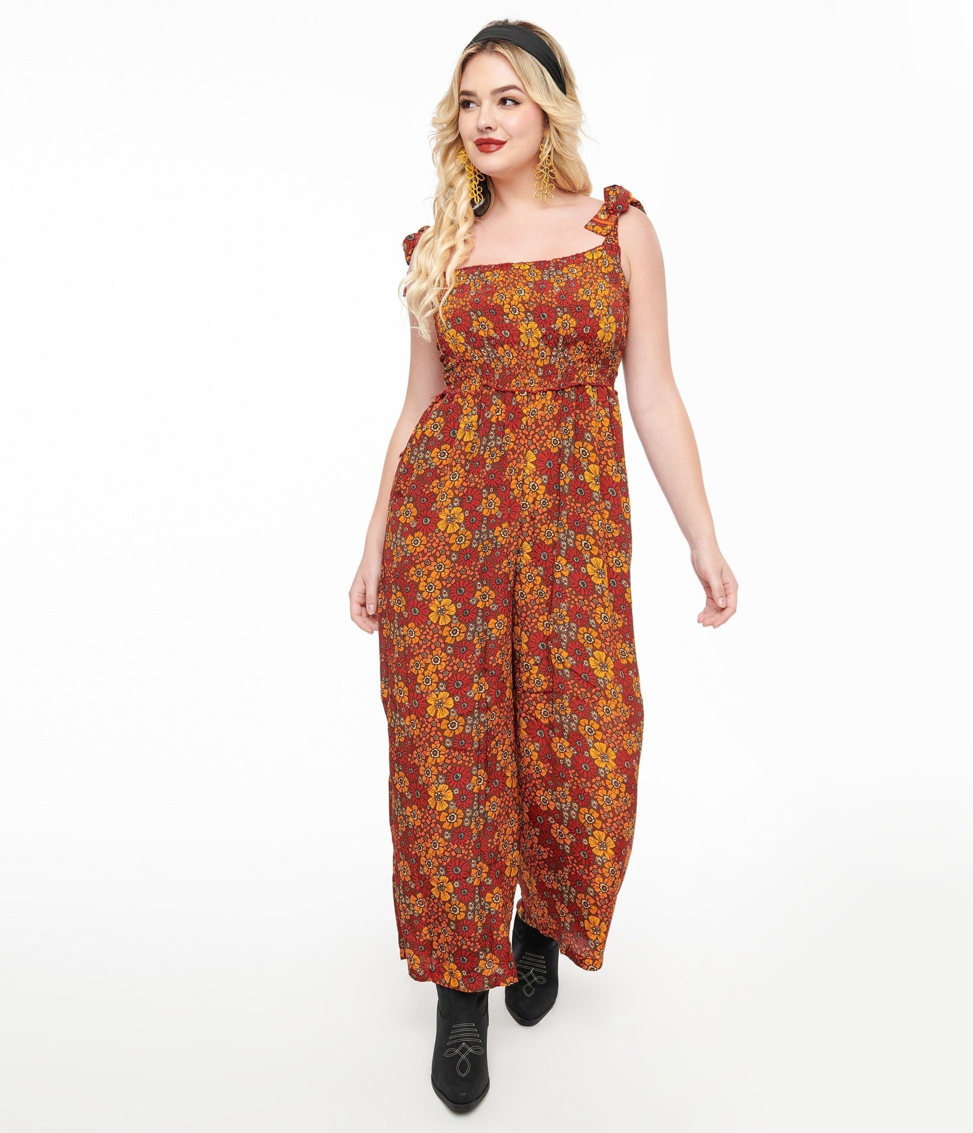 1970s Brown & Orange Flower Child Silk Jumpsuit - Unique Vintage - Womens, BOTTOMS, ROMPERS AND JUMPSUITS