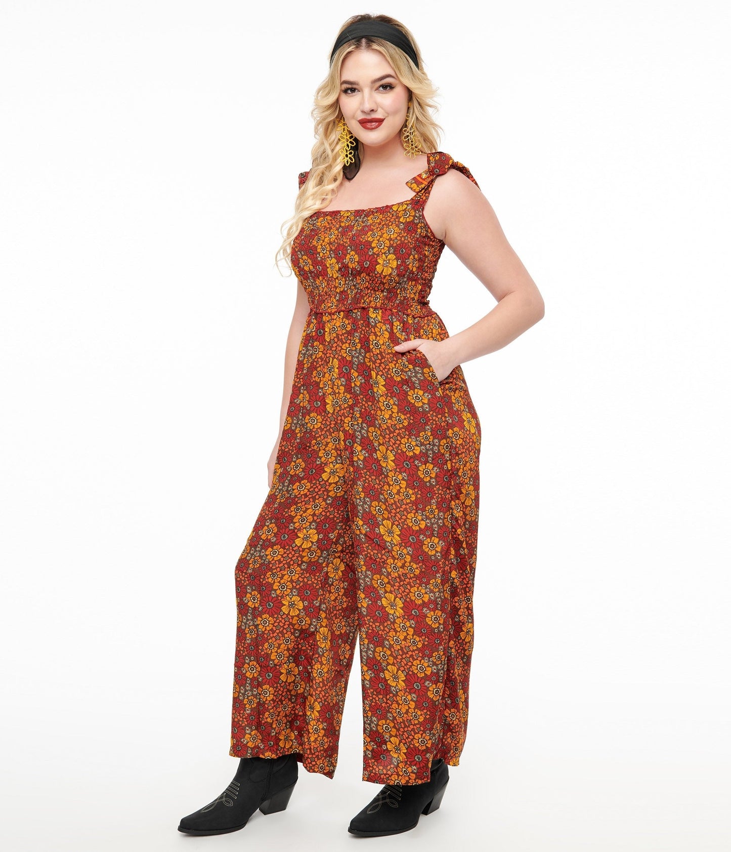 1970s Brown & Orange Flower Child Silk Jumpsuit - Unique Vintage - Womens, BOTTOMS, ROMPERS AND JUMPSUITS