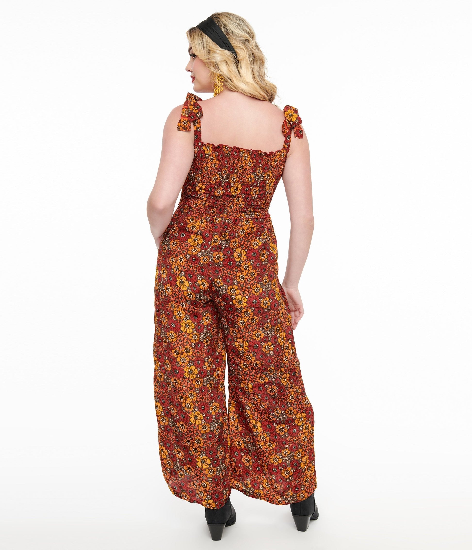 1970s Brown & Orange Flower Child Silk Jumpsuit - Unique Vintage - Womens, BOTTOMS, ROMPERS AND JUMPSUITS