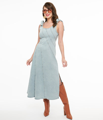 1970s Light Blue Denim Midi Dress - Unique Vintage - Womens, DRESSES, MIDI