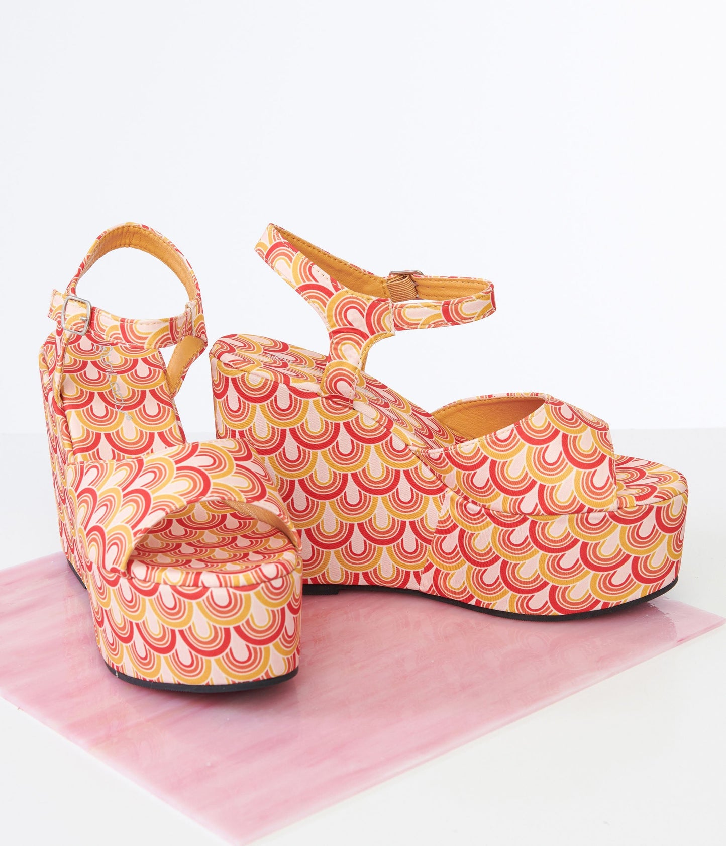 1970s Orange & Yellow Scallop Print Platform Wedges - Unique Vintage - Womens, SHOES, SANDALS