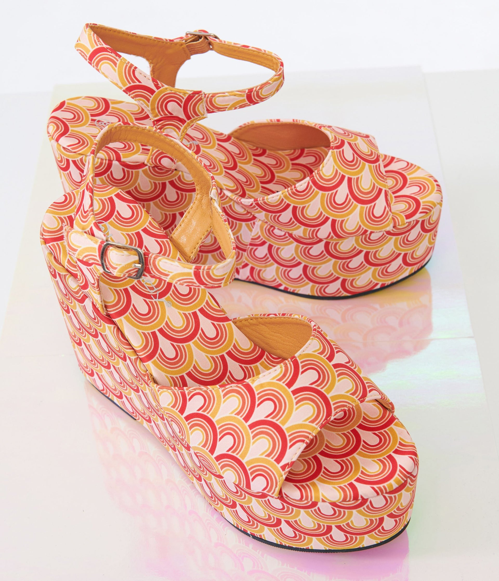 1970s Orange & Yellow Scallop Print Platform Wedges - Unique Vintage - Womens, SHOES, SANDALS