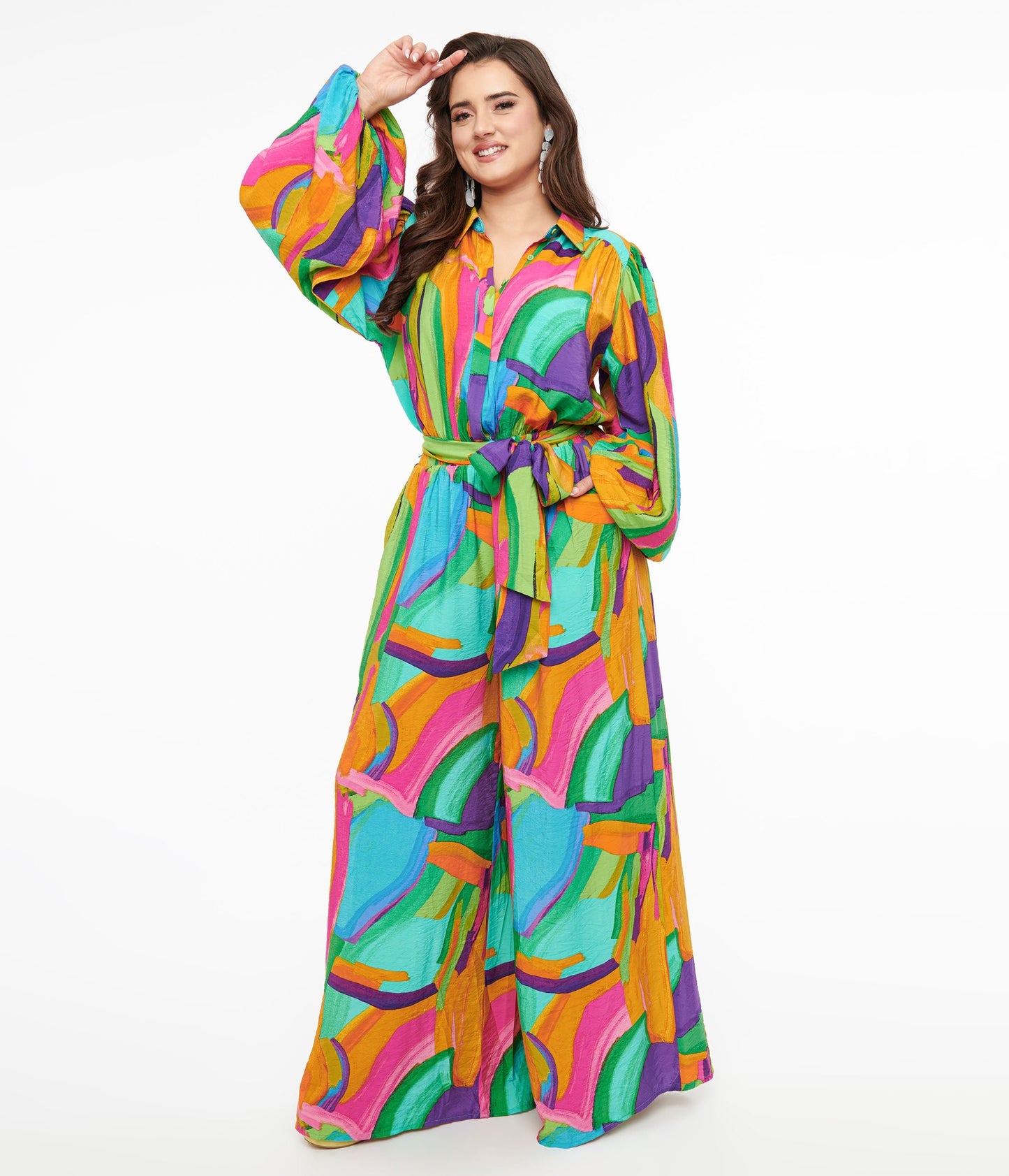 1970s Rainbow Geometric Long Sleeve Jumpsuit - Unique Vintage - Womens, BOTTOMS, ROMPERS AND JUMPSUITS