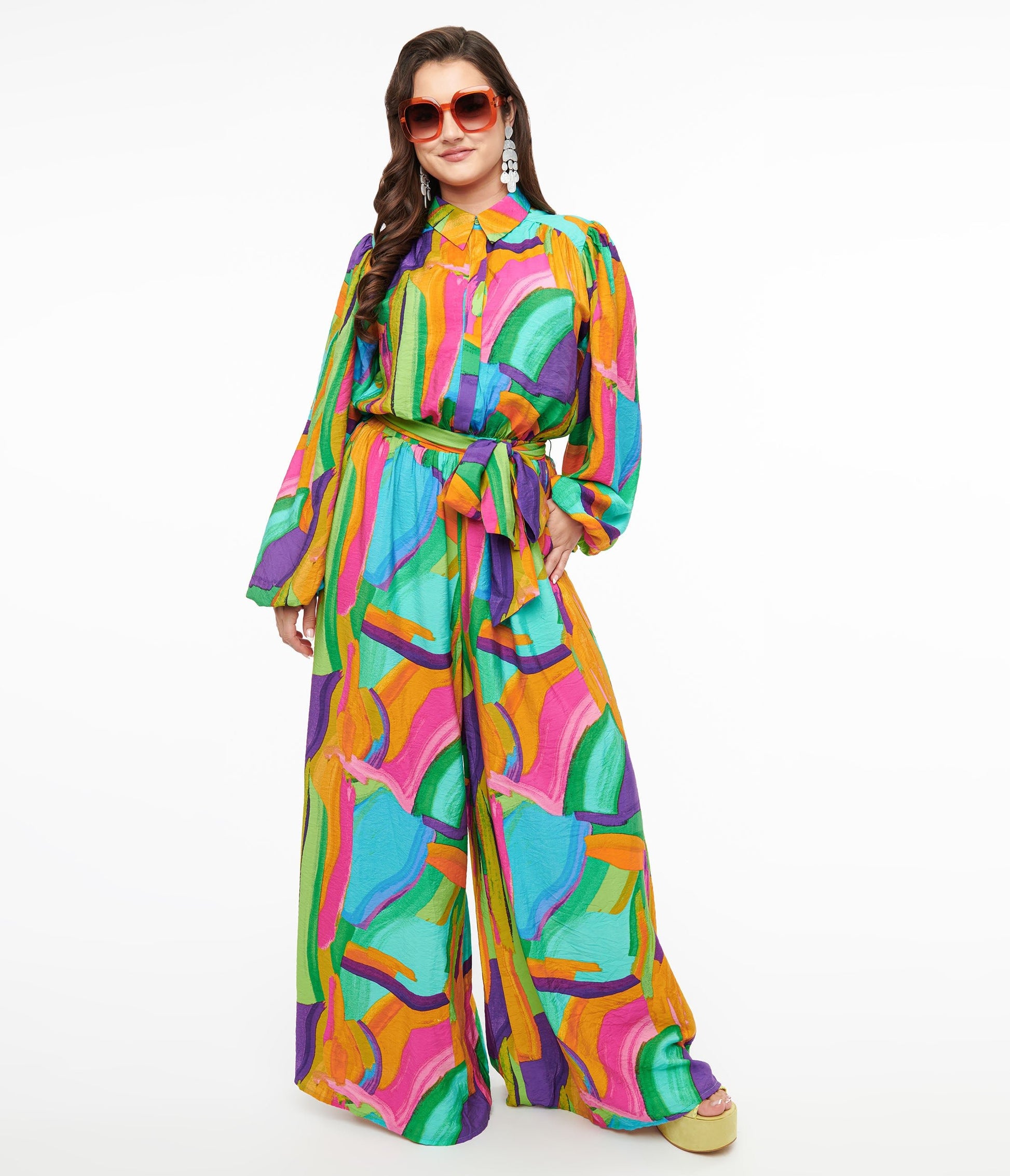 1970s Rainbow Geometric Long Sleeve Jumpsuit - Unique Vintage - Womens, BOTTOMS, ROMPERS AND JUMPSUITS