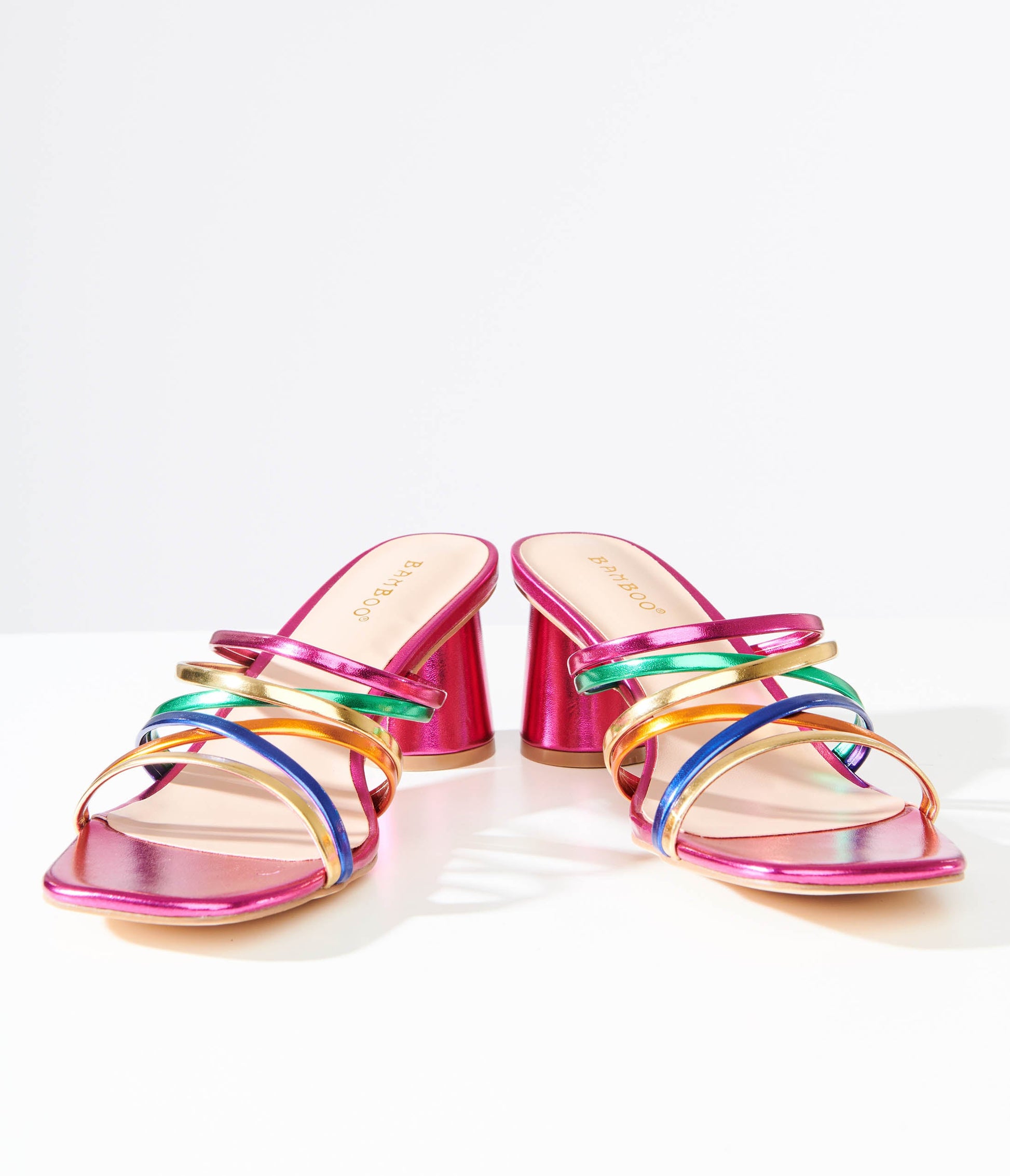 1970s Rainbow & Pink Metallic Heel Sandals - Unique Vintage - Womens, SHOES, SANDALS