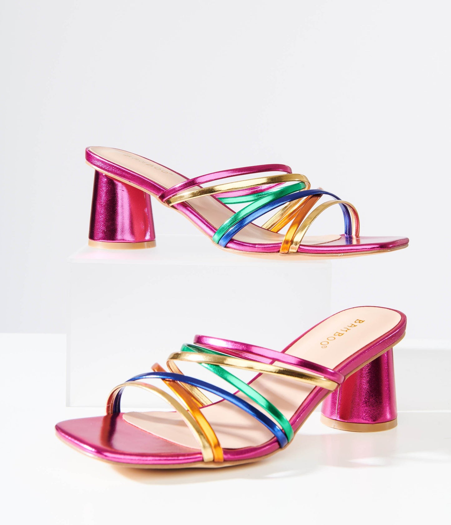 1970s Rainbow & Pink Metallic Heel Sandals - Unique Vintage - Womens, SHOES, SANDALS