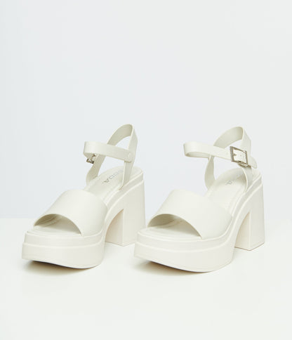 1970s White Leatherette Chunky Platform Heels - Unique Vintage - Womens, SHOES, SANDALS