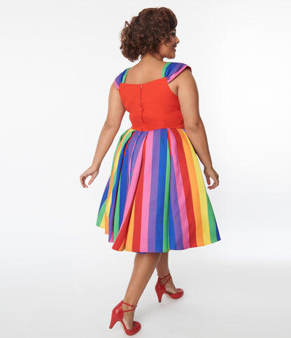 Unique Vintage Plus Size Red & Rainbow Stripe Swing Dress