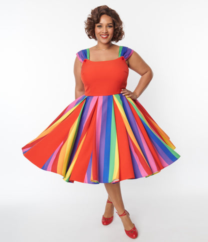 Unique Vintage Plus Size Red & Rainbow Stripe Swing Dress