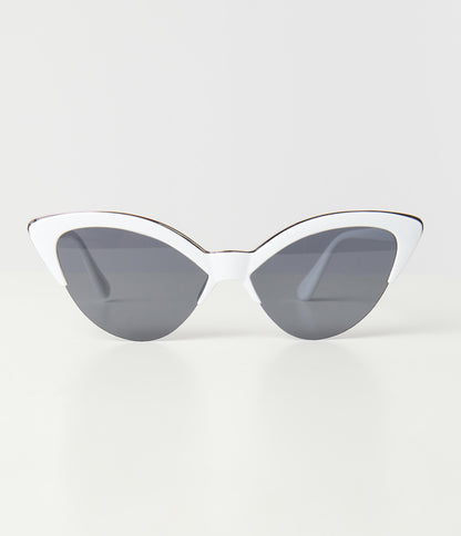 Unique Vintage White & Silver Half Rim Cat Eye Sunglasses