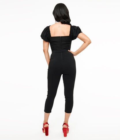 Unique Vintage Solid Black Belted Jumpsuit