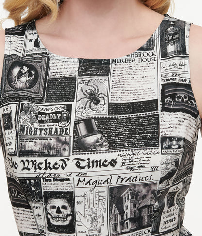 Retrolicious 1950s Black & White Halloween Newspaper Midi Dress