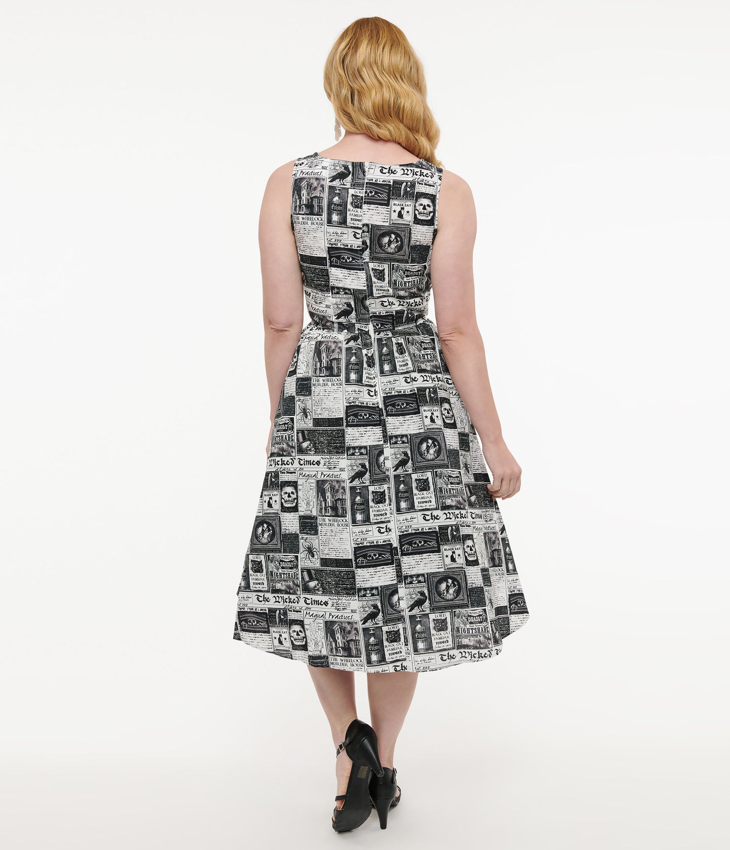 Retrolicious 1950s Black & White Halloween Newspaper Midi Dress