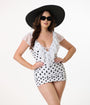 Unique Vintage White & Black Polka Dot Ruffle Sheath Swimsuit