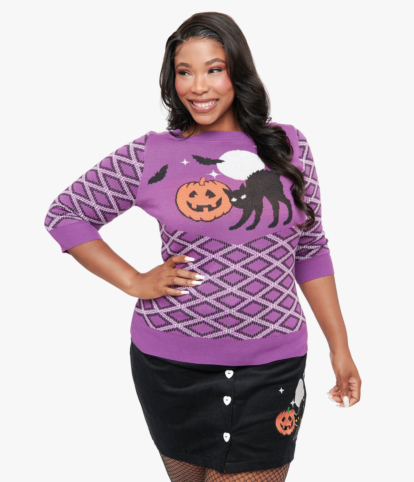 Smak Parlour Plus Size Purple Plaid & Black Cat Sweater - Unique Vintage - Womens, HALLOWEEN, TOPS