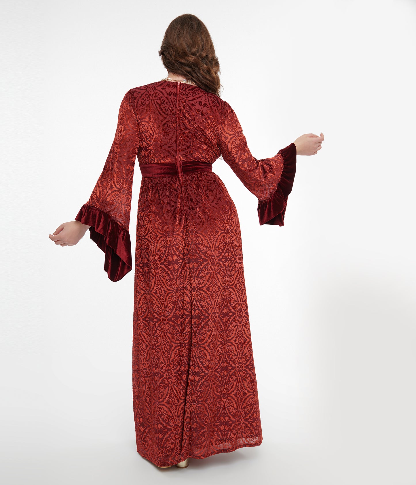 Unique Vintage 1960s Burgundy Velvet Burnout Maxi Dress