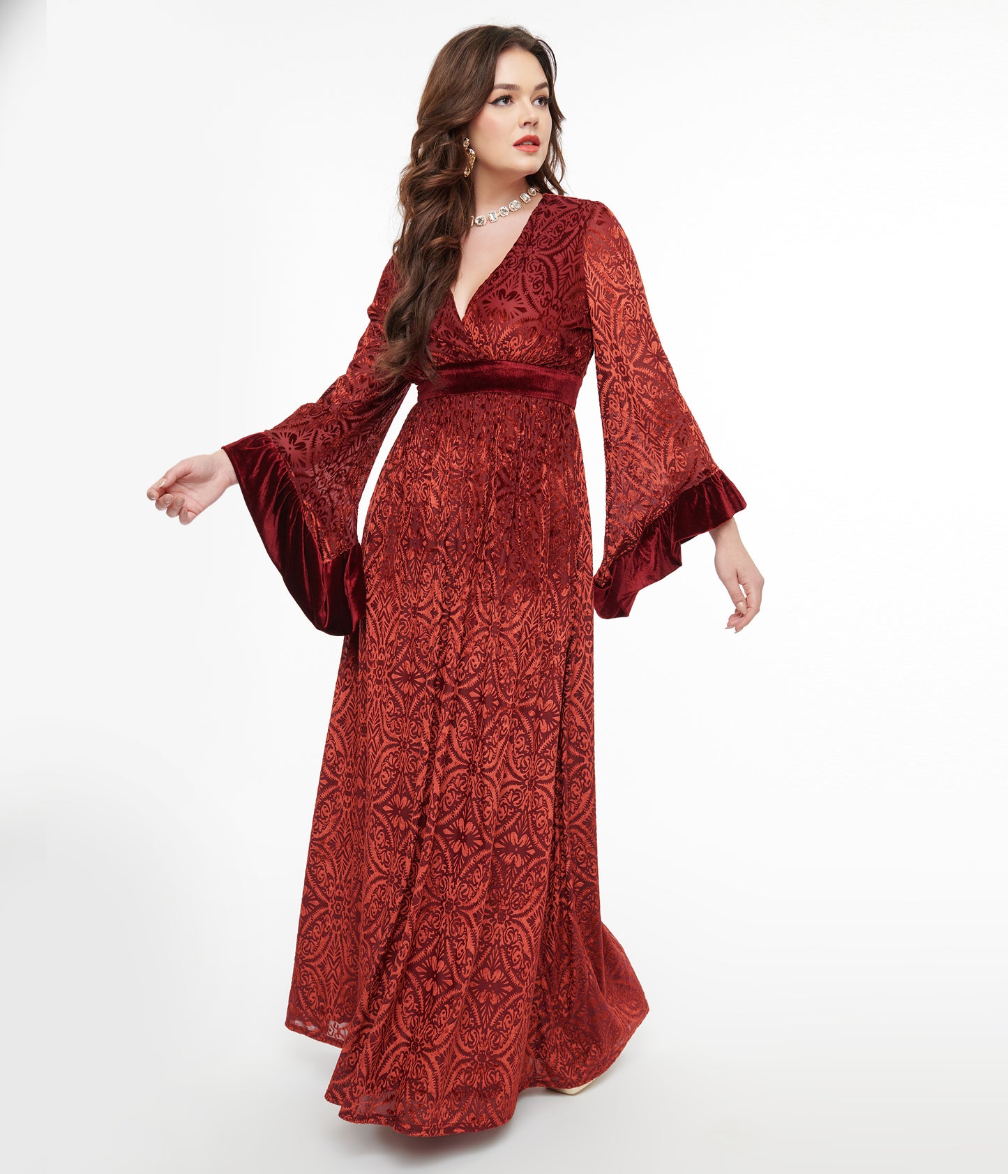 Unique Vintage 1960s Burgundy Velvet Burnout Maxi Dress