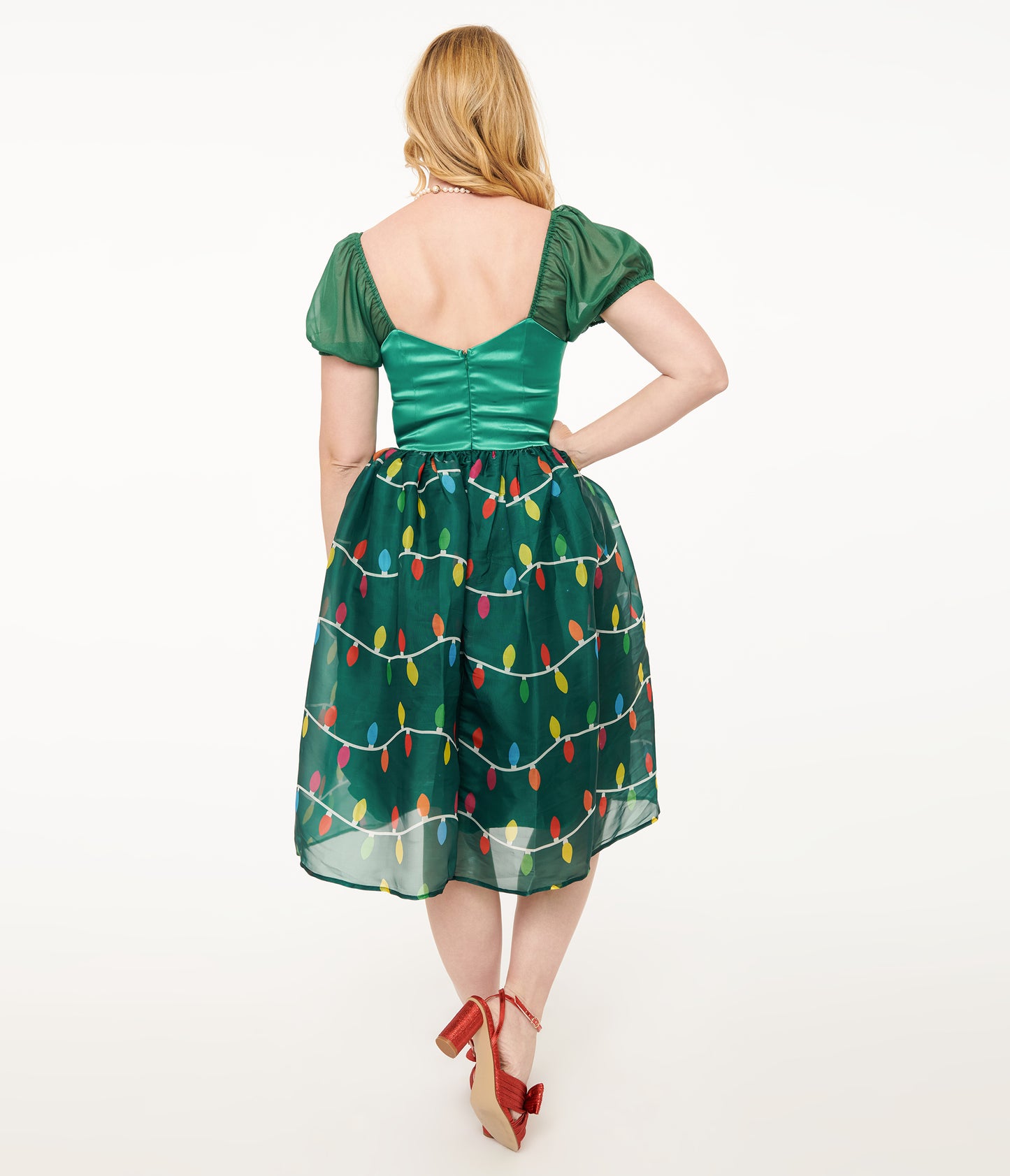 Unique Vintage Light Up1950s Green Christmas Lights Print Sweetheart Dress