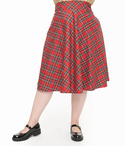 Unique Vintage Plus Size 1950s Red Plaid High Waist Vivien Swing Skirt