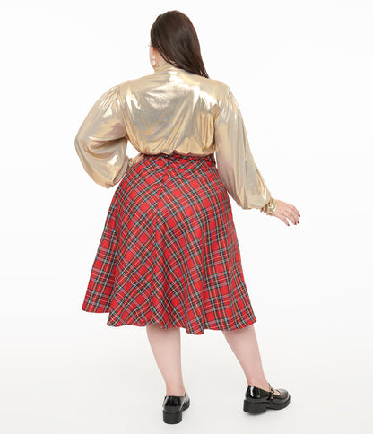 Unique Vintage Plus Size 1950s Red Plaid High Waist Vivien Swing Skirt