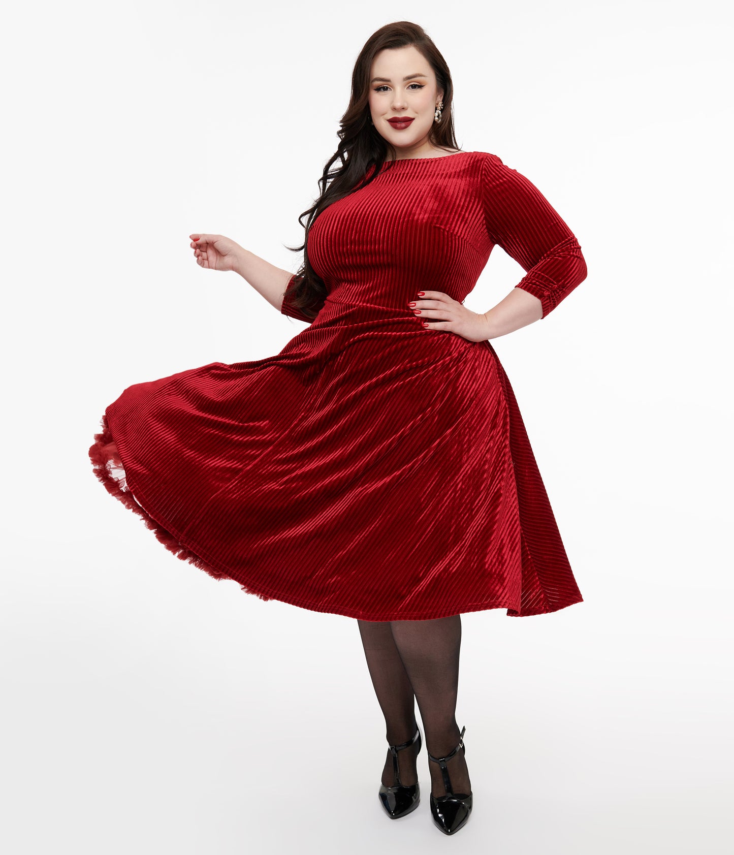 Unique Vintage Plus Size 1950s Burgundy Textured Velvet Devon Swing Dress