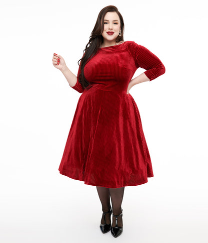 Unique Vintage Plus Size 1950s Burgundy Textured Velvet Devon Swing Dress