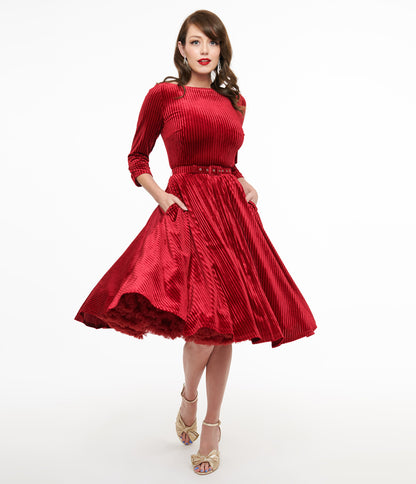 Unique Vintage 1950s Burgundy Textured Velvet Devon Swing Dress