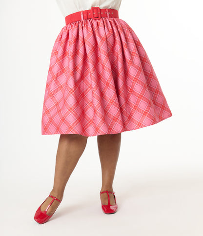 Unique Vintage Plus Size 1950s Pink & Red Plaid Belted Gellar Swing Skirt