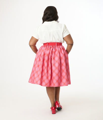 Unique Vintage Plus Size 1950s Pink & Red Plaid Belted Gellar Swing Skirt