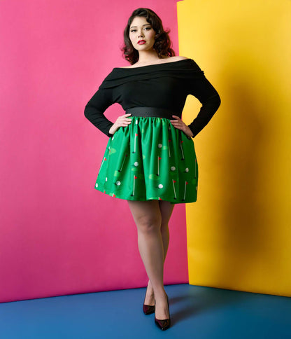 Smak Parlour Plus Size 1950s Green Golf Print Gathered Mini Skirt