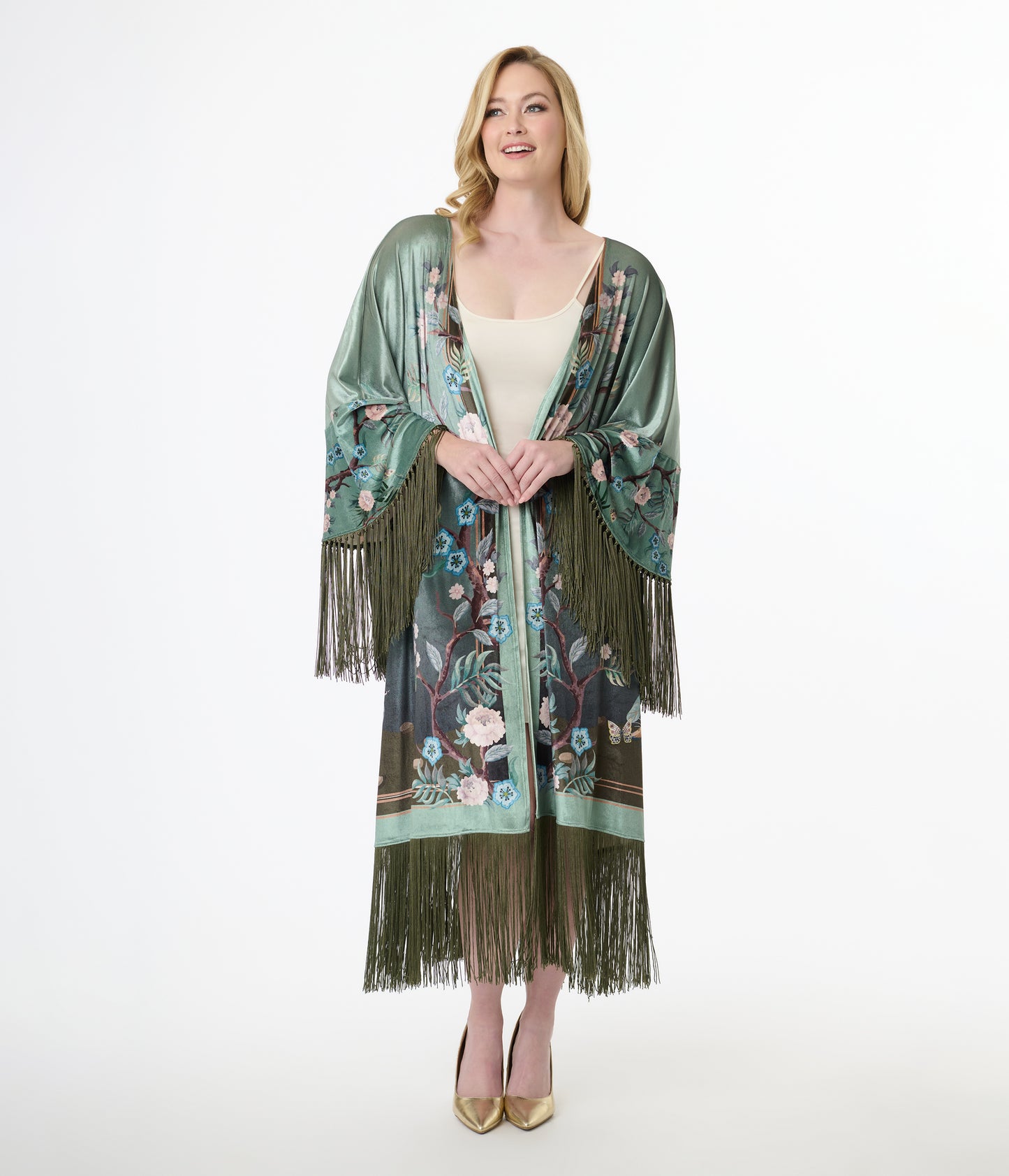 Unique Vintage 1930s Teal Peacock Fringe Kimono