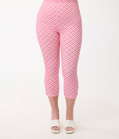 Unique Vintage 1950s Pink & White Gingham Rachelle Capri Pants