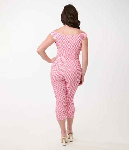 Unique Vintage 1950s Pink & White Gingham Rachelle Capri Pants