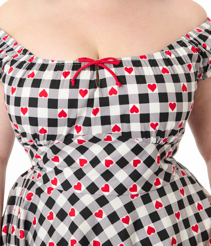 Hell Bunny 1950s Black & White Gingham Hearts Cotton Swing Dress