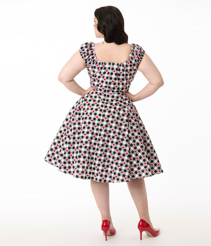 Hell Bunny 1950s Black & White Gingham Hearts Cotton Swing Dress