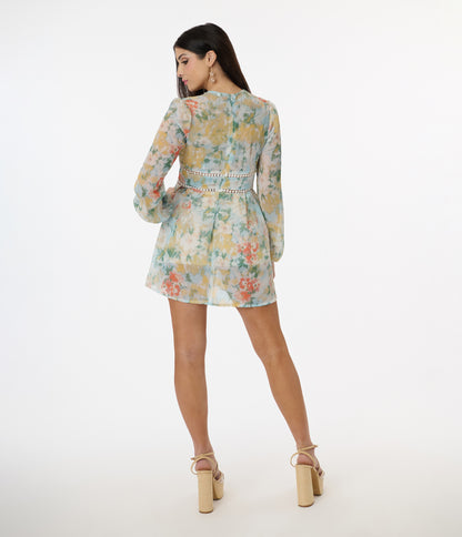 Blue & Yellow Floral Chiffon Mini Dress