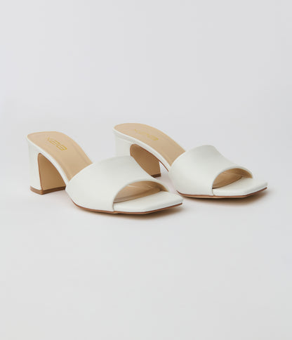 White Leatherette Slip On Heel Sandals