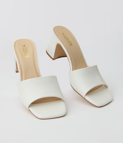 White Leatherette Slip On Heel Sandals